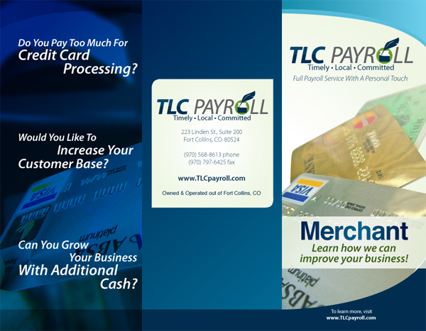 Trifold Brochure for TLC Payroll Merchant Services (Side 1)
